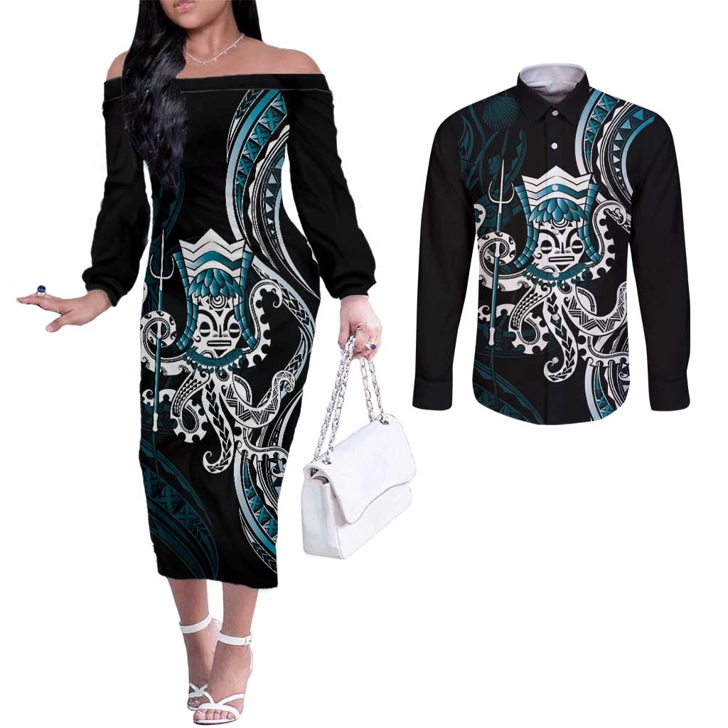 Turquoise Hawaii Kanaloa God Couples Matching Off The Shoulder Long Sleeve Dress and Long Sleeve Button Shirt Hawaiian Octopus LT14 Turquoise - Polynesian Pride