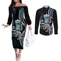Turquoise Hawaii Kanaloa God Couples Matching Off The Shoulder Long Sleeve Dress and Long Sleeve Button Shirt Hawaiian Octopus LT14 Turquoise - Polynesian Pride