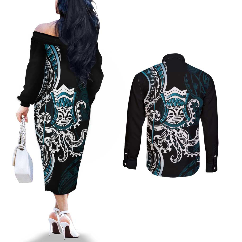 Turquoise Hawaii Kanaloa God Couples Matching Off The Shoulder Long Sleeve Dress and Long Sleeve Button Shirt Hawaiian Octopus LT14 - Polynesian Pride