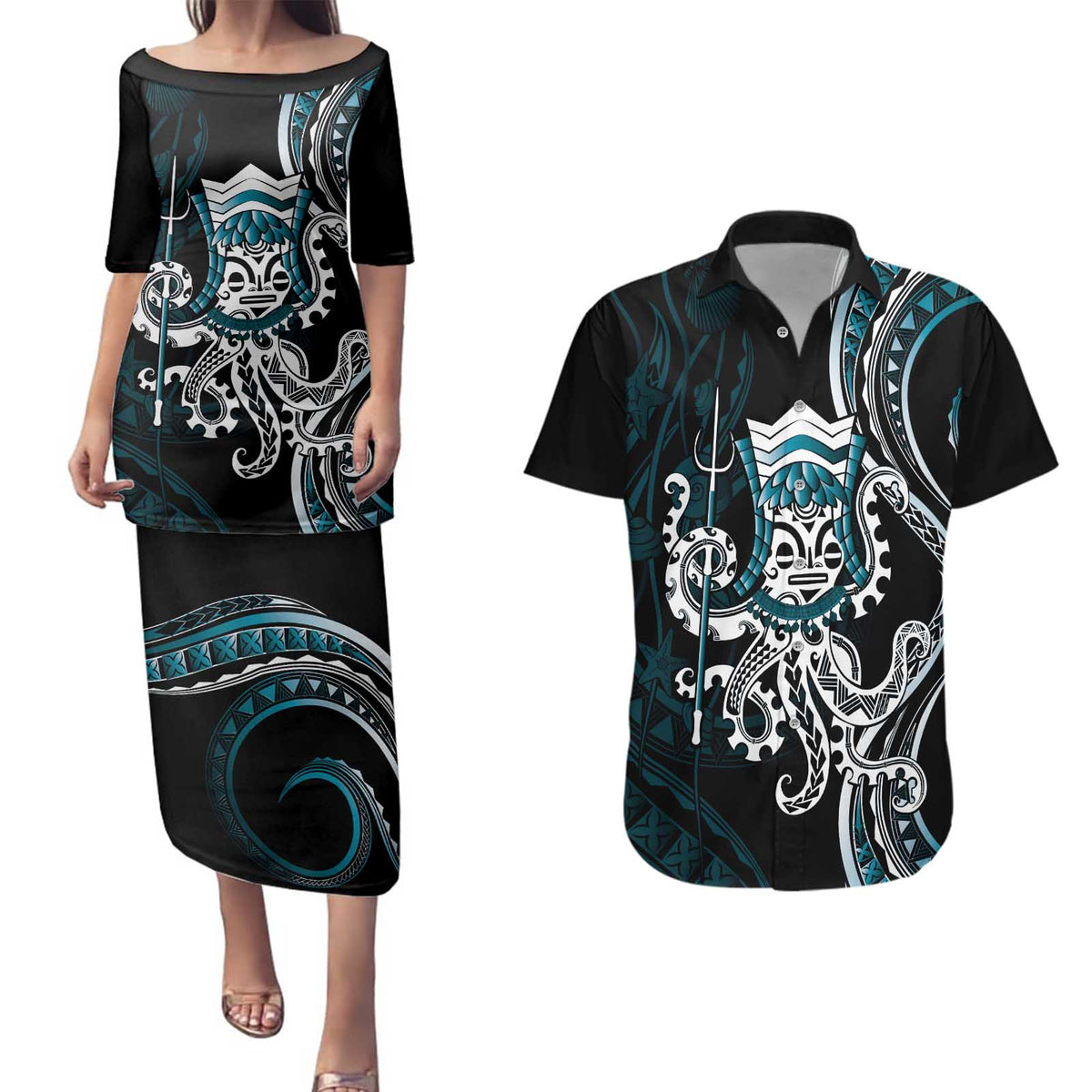 Turquoise Hawaii Kanaloa God Couples Matching Puletasi and Hawaiian Shirt Hawaiian Octopus LT14 Turquoise - Polynesian Pride