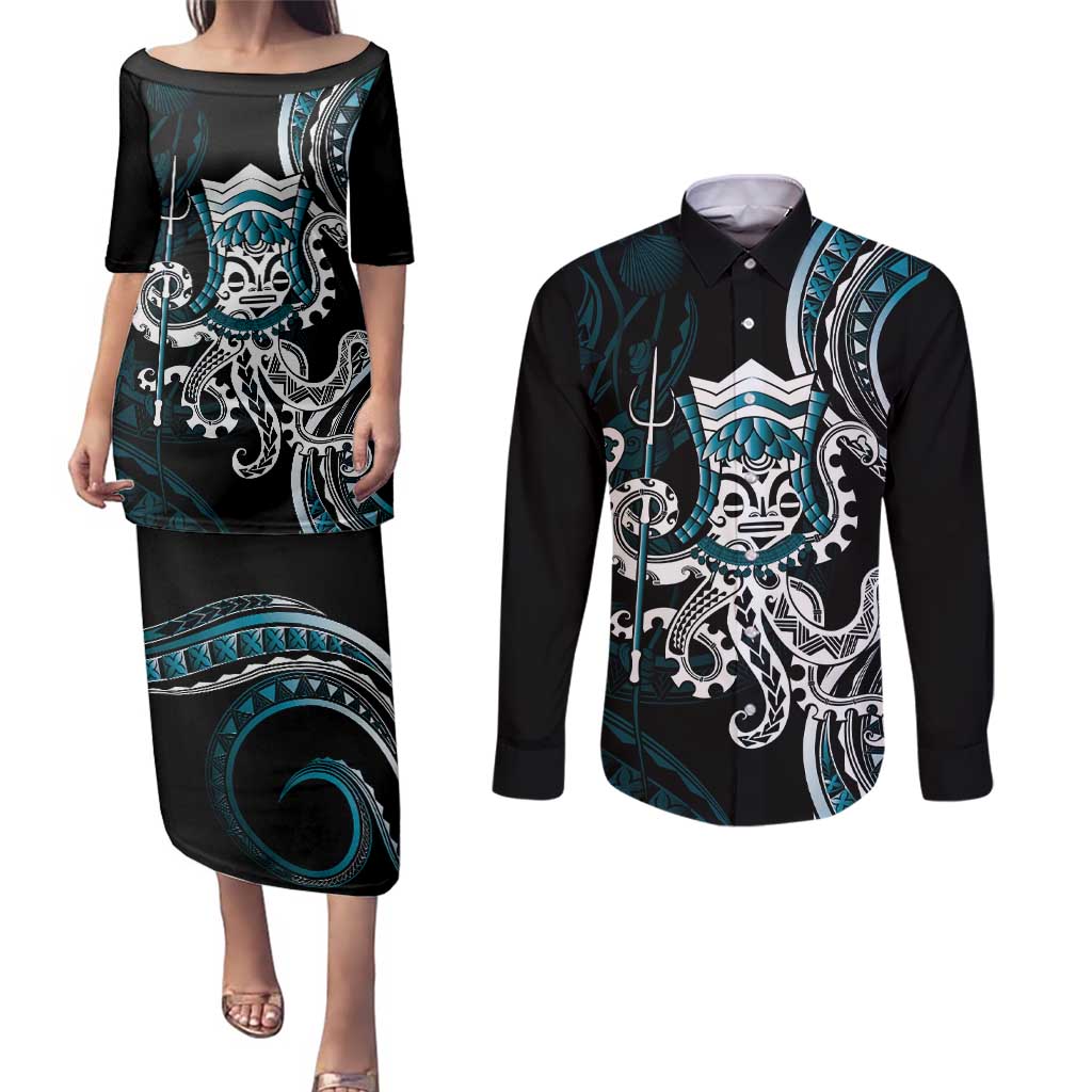 Turquoise Hawaii Kanaloa God Couples Matching Puletasi and Long Sleeve Button Shirt Hawaiian Octopus LT14 Turquoise - Polynesian Pride