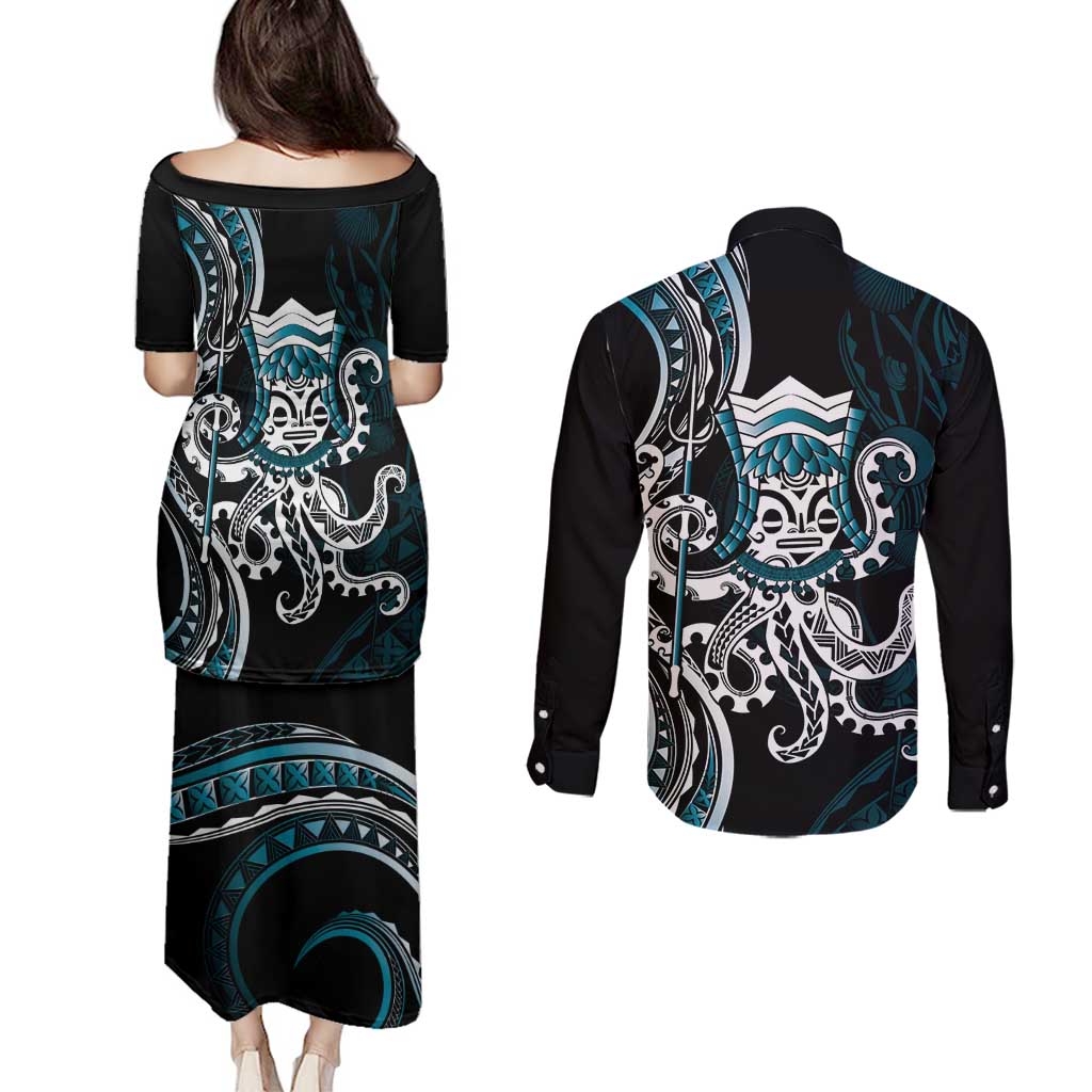 Turquoise Hawaii Kanaloa God Couples Matching Puletasi and Long Sleeve Button Shirt Hawaiian Octopus