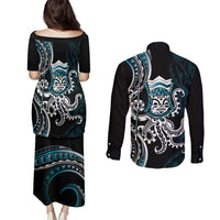 Turquoise Hawaii Kanaloa God Couples Matching Puletasi and Long Sleeve Button Shirt Hawaiian Octopus