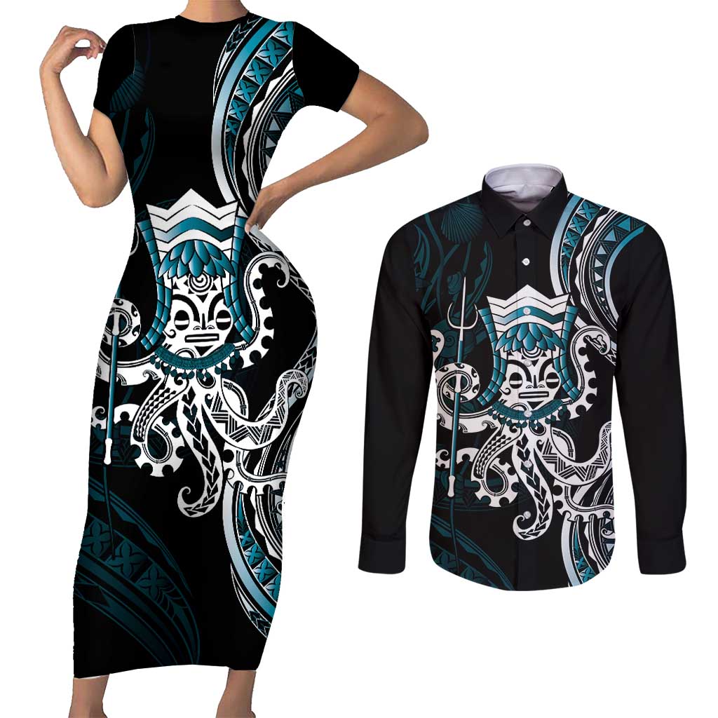 Turquoise Hawaii Kanaloa God Couples Matching Short Sleeve Bodycon Dress and Long Sleeve Button Shirt Hawaiian Octopus LT14 Turquoise - Polynesian Pride