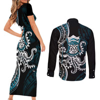Turquoise Hawaii Kanaloa God Couples Matching Short Sleeve Bodycon Dress and Long Sleeve Button Shirt Hawaiian Octopus LT14 - Polynesian Pride