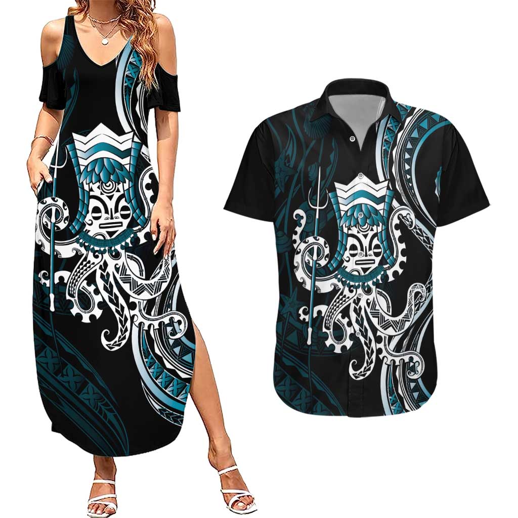 Turquoise Hawaii Kanaloa God Couples Matching Summer Maxi Dress and Hawaiian Shirt Hawaiian Octopus LT14 Turquoise - Polynesian Pride