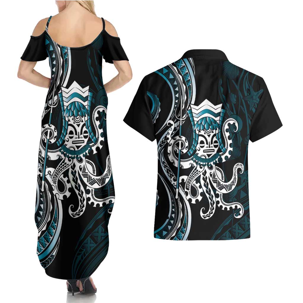 Turquoise Hawaii Kanaloa God Couples Matching Summer Maxi Dress and Hawaiian Shirt Hawaiian Octopus LT14 - Polynesian Pride