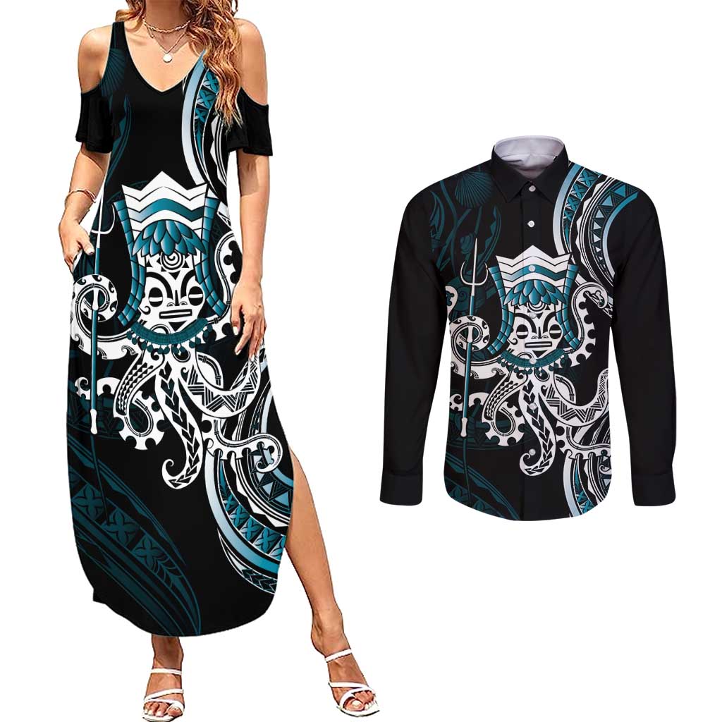 Turquoise Hawaii Kanaloa God Couples Matching Summer Maxi Dress and Long Sleeve Button Shirt Hawaiian Octopus LT14 Turquoise - Polynesian Pride