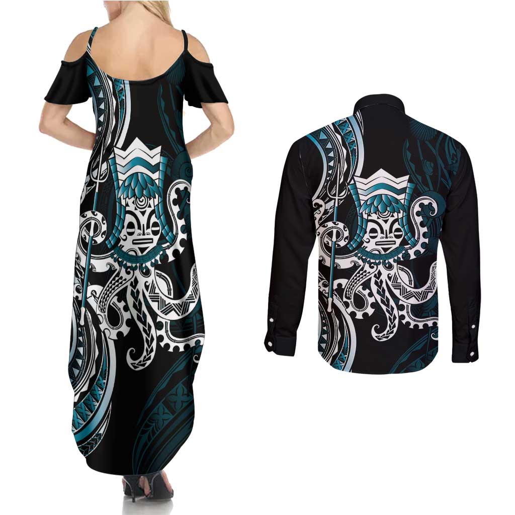 Turquoise Hawaii Kanaloa God Couples Matching Summer Maxi Dress and Long Sleeve Button Shirt Hawaiian Octopus LT14 - Polynesian Pride