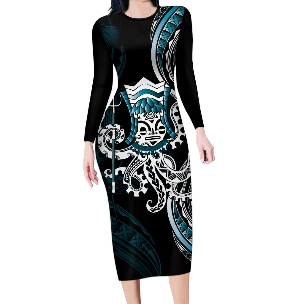 Turquoise Hawaii Kanaloa God Family Matching Long Sleeve Bodycon Dress and Hawaiian Shirt Hawaiian Octopus LT14 Mom's Dress Turquoise - Polynesian Pride