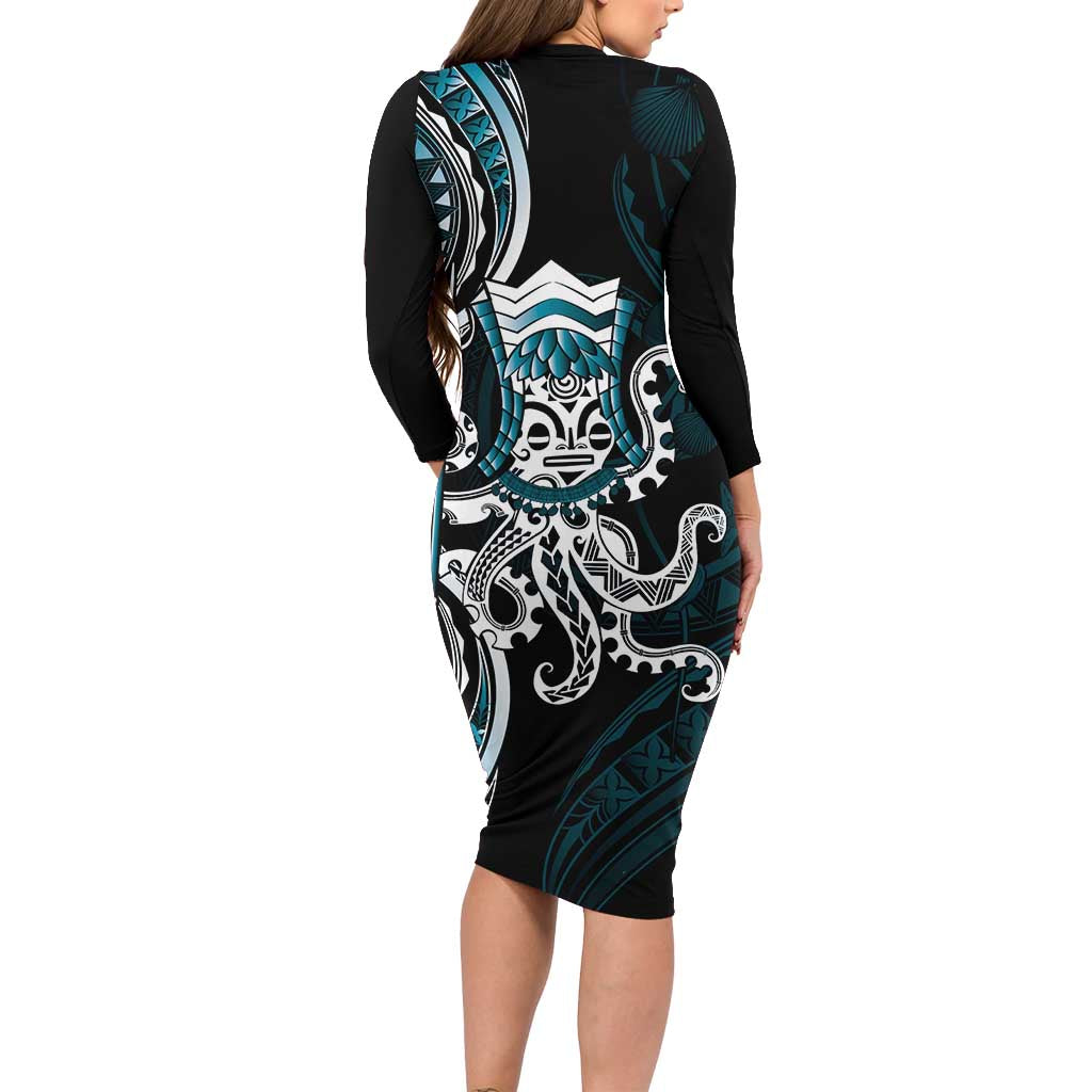 Turquoise Hawaii Kanaloa God Family Matching Long Sleeve Bodycon Dress and Hawaiian Shirt Hawaiian Octopus LT14 - Polynesian Pride
