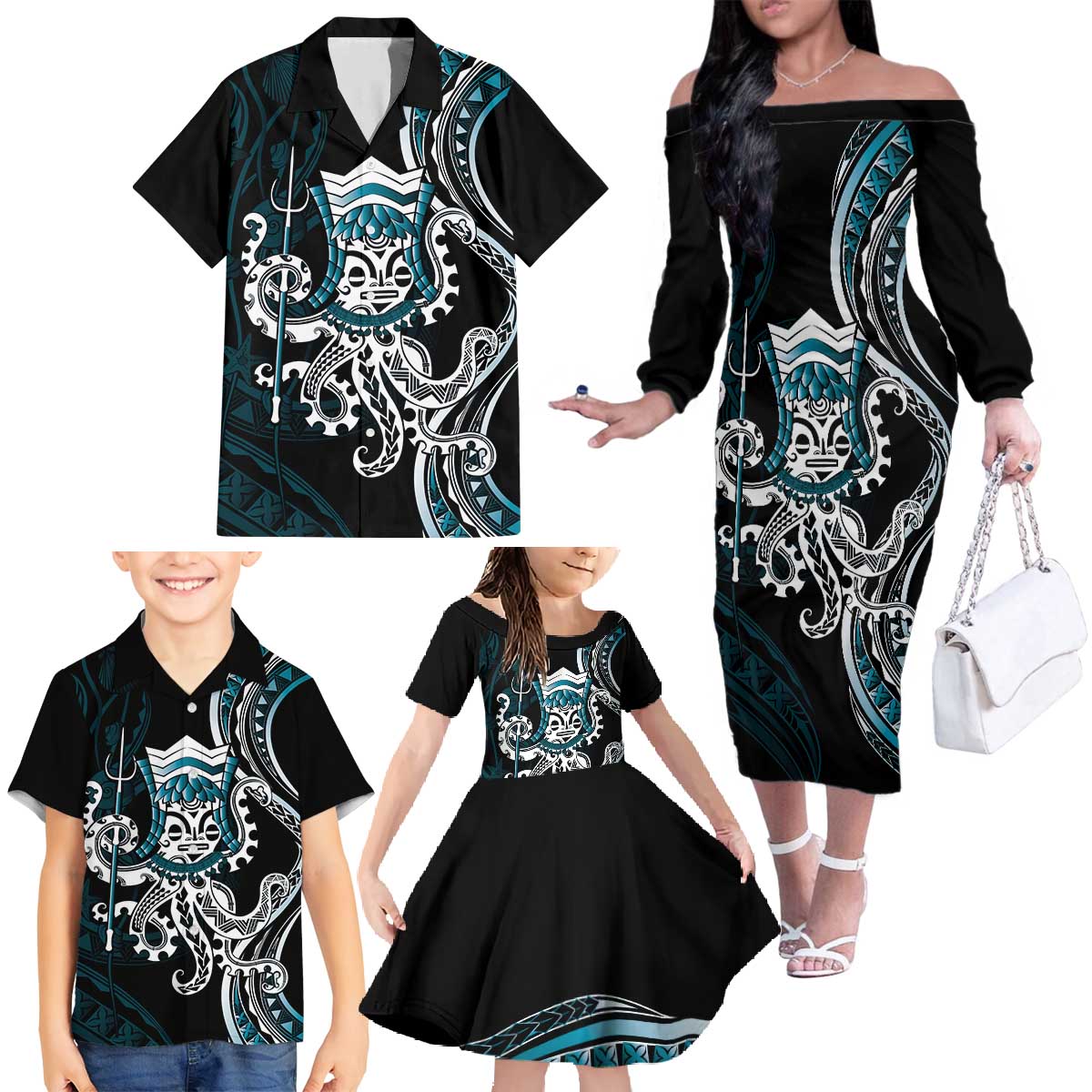Turquoise Hawaii Kanaloa God Family Matching Off The Shoulder Long Sleeve Dress and Hawaiian Shirt Hawaiian Octopus