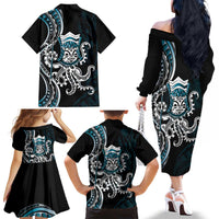 Turquoise Hawaii Kanaloa God Family Matching Off The Shoulder Long Sleeve Dress and Hawaiian Shirt Hawaiian Octopus