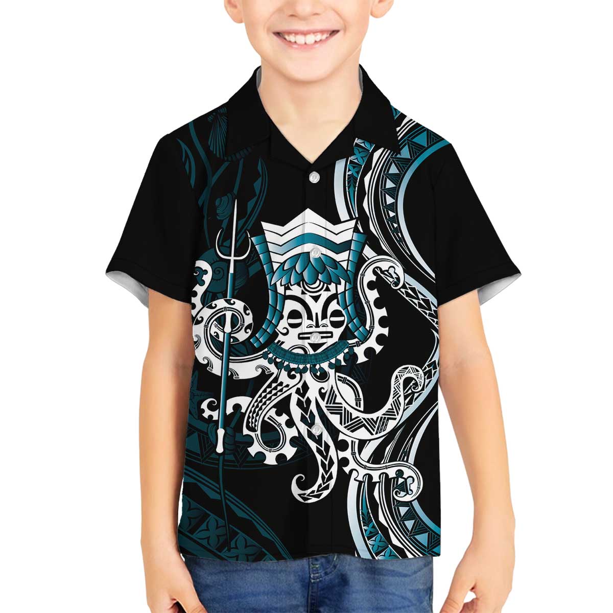 Turquoise Hawaii Kanaloa God Family Matching Off The Shoulder Long Sleeve Dress and Hawaiian Shirt Hawaiian Octopus