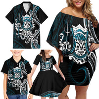 Turquoise Hawaii Kanaloa God Family Matching Off Shoulder Short Dress and Hawaiian Shirt Hawaiian Octopus LT14 - Polynesian Pride