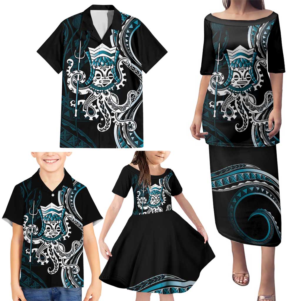 Turquoise Hawaii Kanaloa God Family Matching Puletasi and Hawaiian Shirt Hawaiian Octopus LT14 - Polynesian Pride