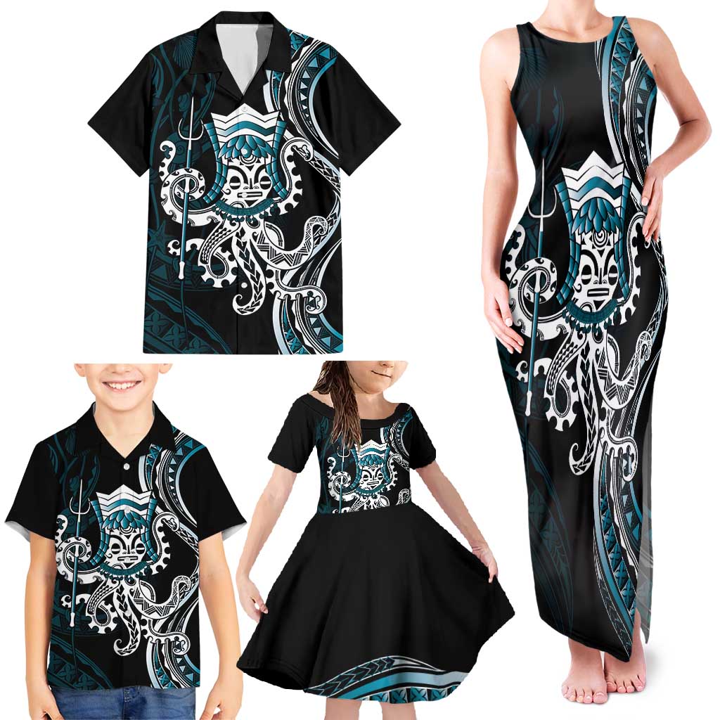 Turquoise Hawaii Kanaloa God Family Matching Tank Maxi Dress and Hawaiian Shirt Hawaiian Octopus LT14 - Polynesian Pride