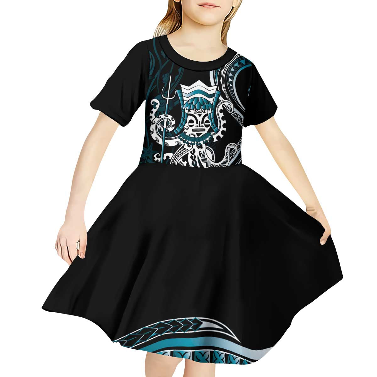 Turquoise Hawaii Kanaloa God Kid Short Sleeve Dress Hawaiian Octopus