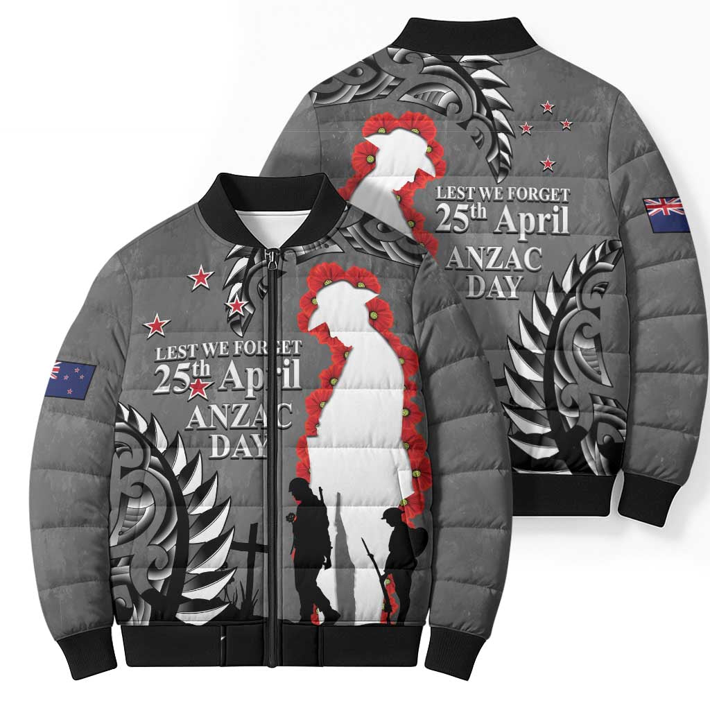 New Zealand ANZAC Day Bomber Puffer Jacket 25th April Silver Fern With Poppy - Polynesian Pride