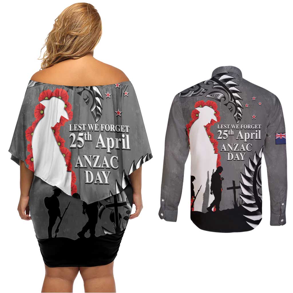 New Zealand ANZAC Day Couples Matching Off Shoulder Short Dress and Long Sleeve Button Shirt 25th April Silver Fern With Poppy