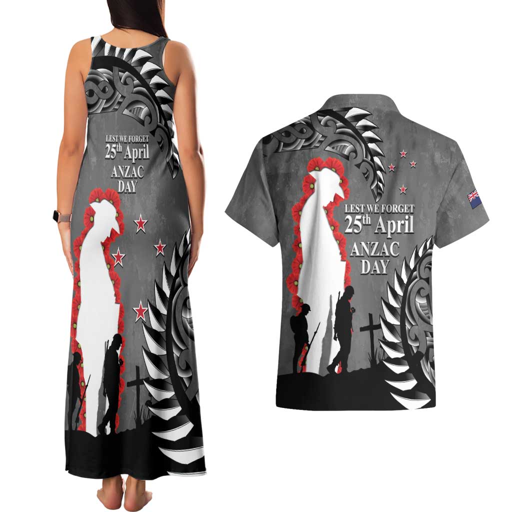 New Zealand ANZAC Day Couples Matching Tank Maxi Dress and Hawaiian Shirt 25th April Silver Fern With Poppy