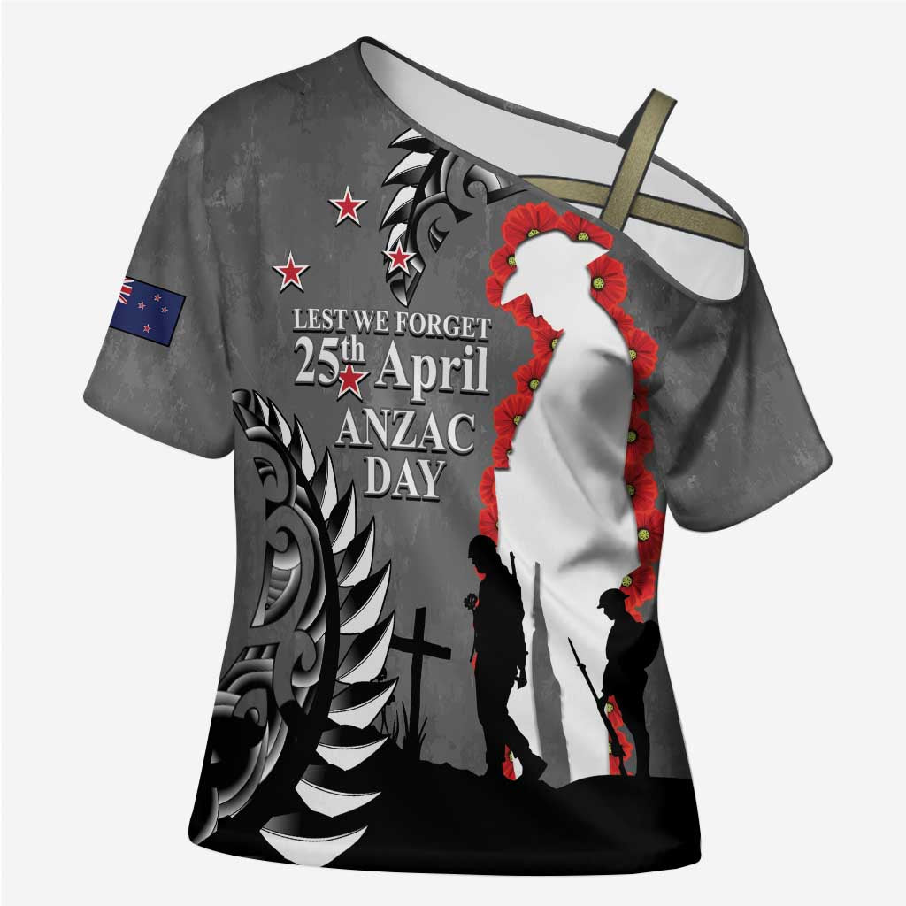 New Zealand ANZAC Day Cross Shoulder Shirt 25th April Silver Fern With Poppy - Polynesian Pride