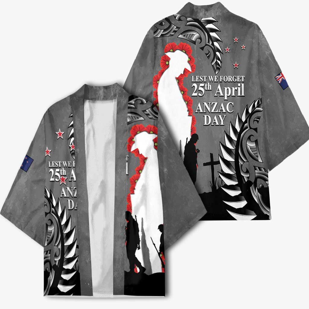 New Zealand ANZAC Day Kimono 25th April Silver Fern With Poppy - Polynesian Pride