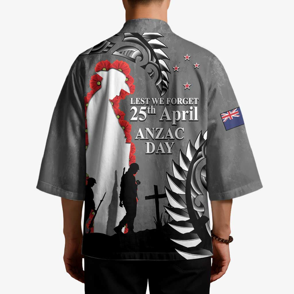 New Zealand ANZAC Day Kimono 25th April Silver Fern With Poppy - Polynesian Pride