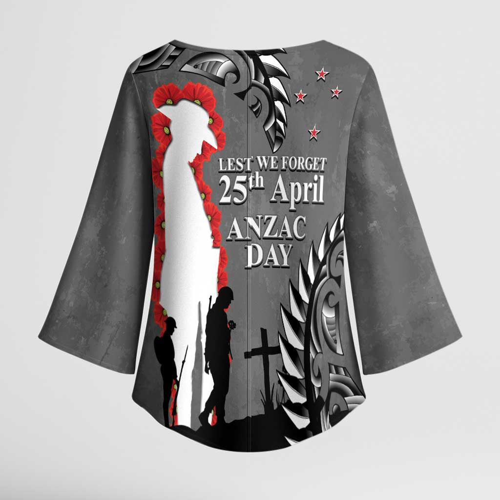 New Zealand ANZAC Day Kimono Sleeve Blouse 25th April Silver Fern With Poppy - Polynesian Pride