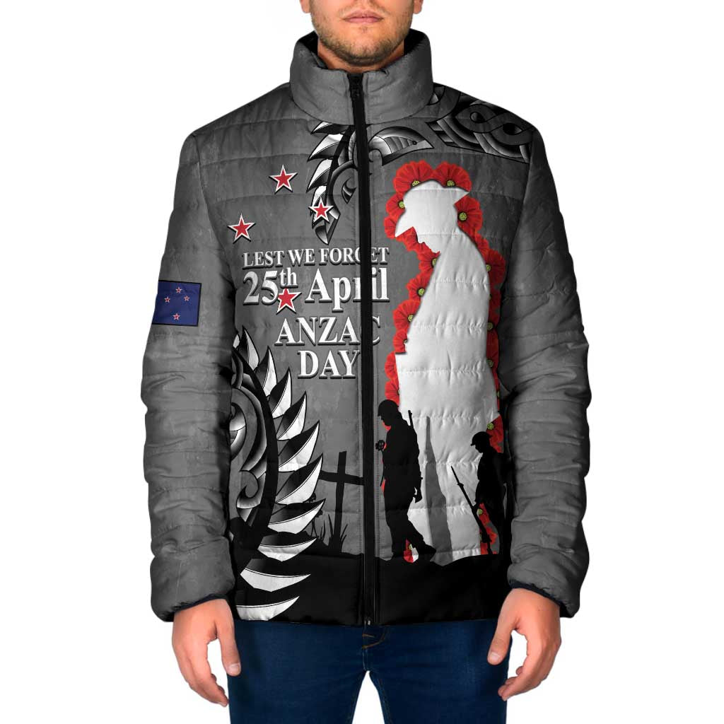 New Zealand ANZAC Day Padded Jacket 25th April Silver Fern With Poppy - Polynesian Pride