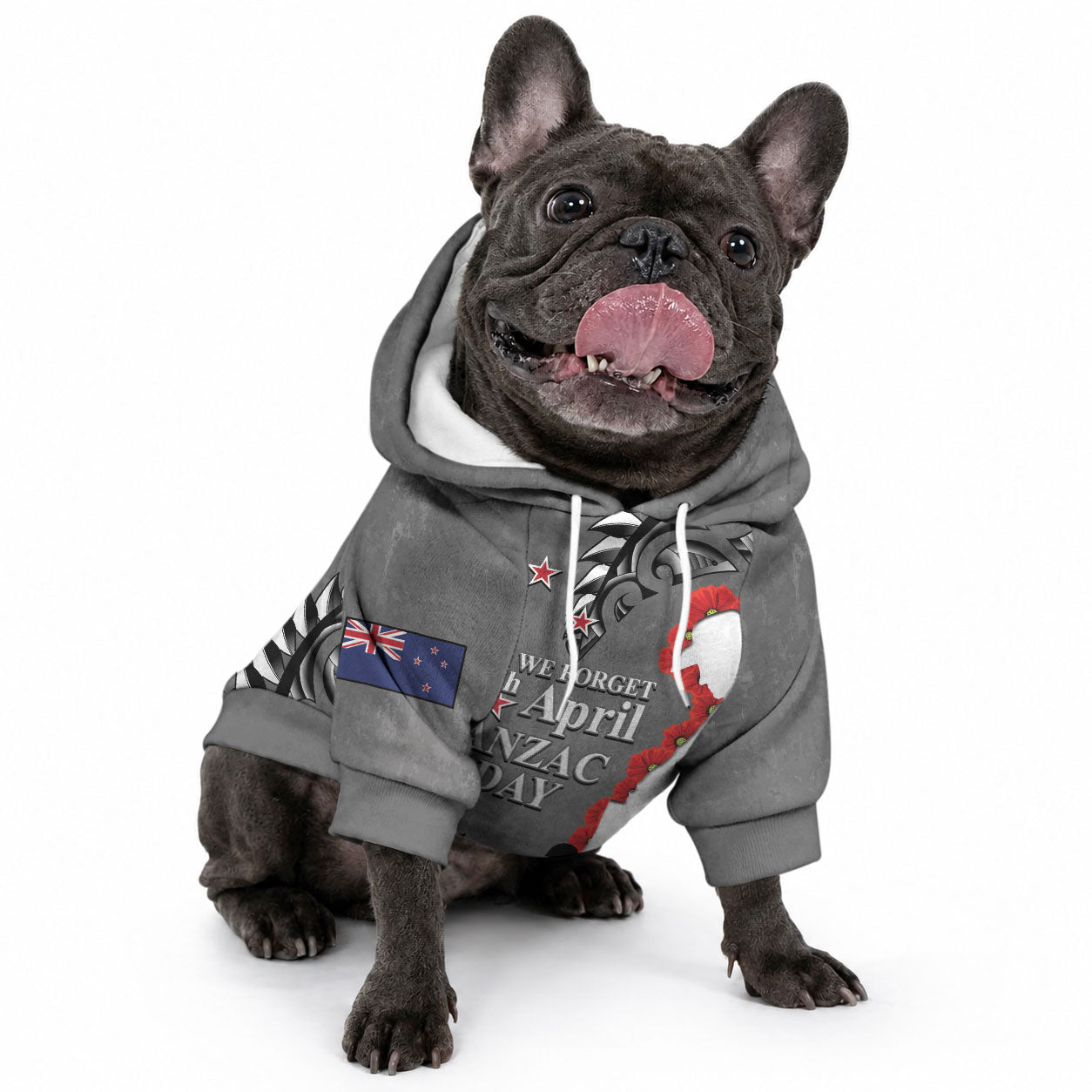 New Zealand ANZAC Day Pet Hoodie 25th April Silver Fern With Poppy
