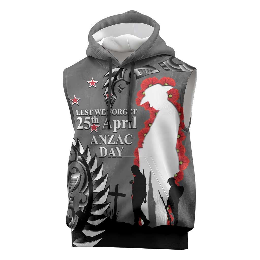 New Zealand ANZAC Day Sleeveless Hoodie 25th April Silver Fern With Poppy - Polynesian Pride