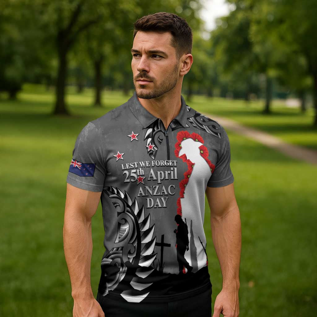 New Zealand ANZAC Day Zipper Polo Shirt 25th April Silver Fern With Poppy - Polynesian Pride