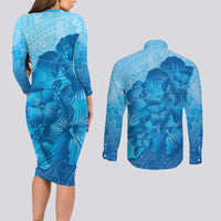 Aloha Hawaii Molokai Island Couples Matching Long Sleeve Bodycon Dress and Long Sleeve Button Shirt Hibiscus Tribal Honu Hawaiian Tattoo