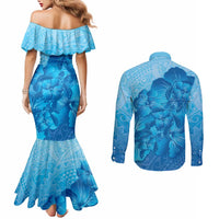Aloha Hawaii Molokai Island Couples Matching Mermaid Dress and Long Sleeve Button Shirt Hibiscus Tribal Honu Hawaiian Tattoo