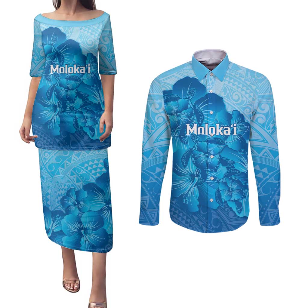 Aloha Hawaii Molokai Island Couples Matching Puletasi and Long Sleeve Button Shirt Hibiscus Tribal Honu Hawaiian Tattoo