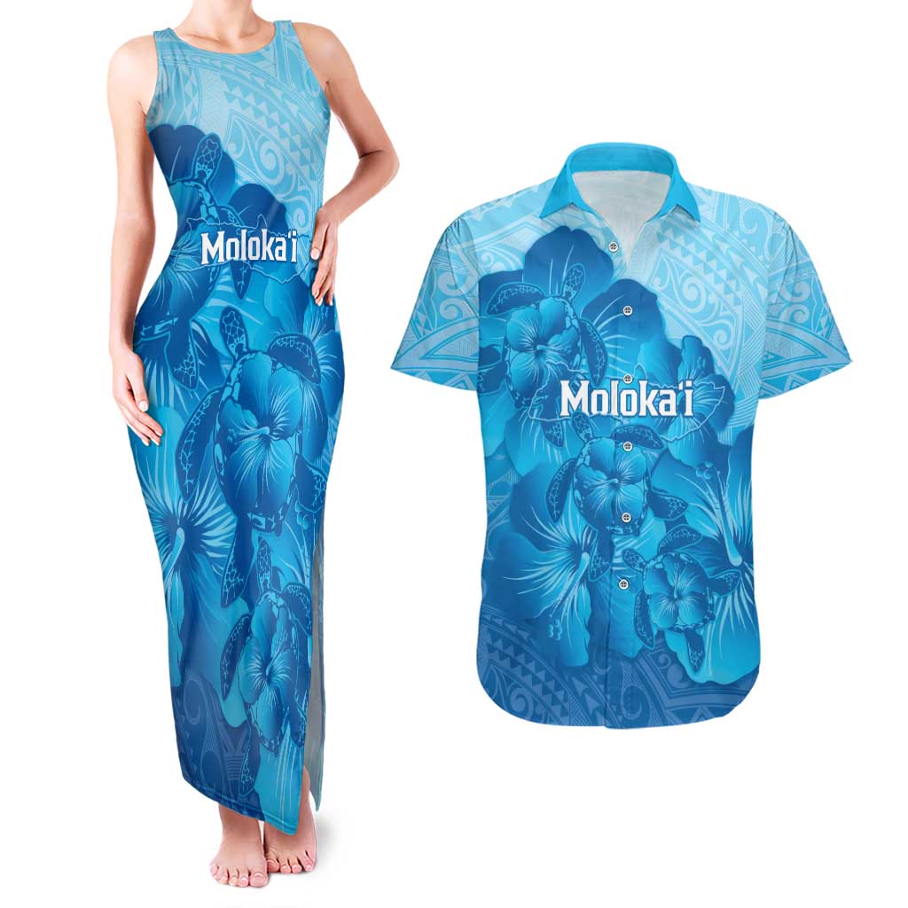 Aloha Hawaii Molokai Island Couples Matching Tank Maxi Dress and Hawaiian Shirt Hibiscus Tribal Honu Hawaiian Tattoo