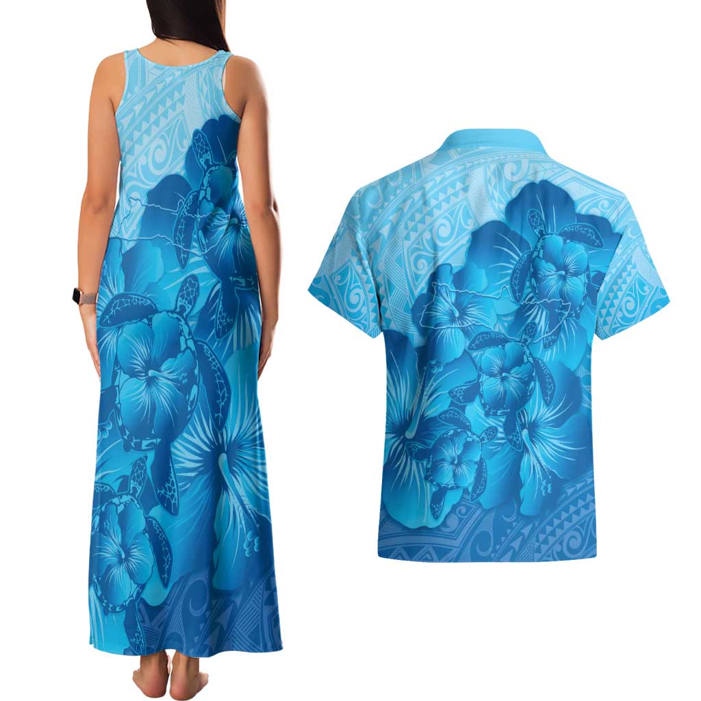 Aloha Hawaii Molokai Island Couples Matching Tank Maxi Dress and Hawaiian Shirt Hibiscus Tribal Honu Hawaiian Tattoo