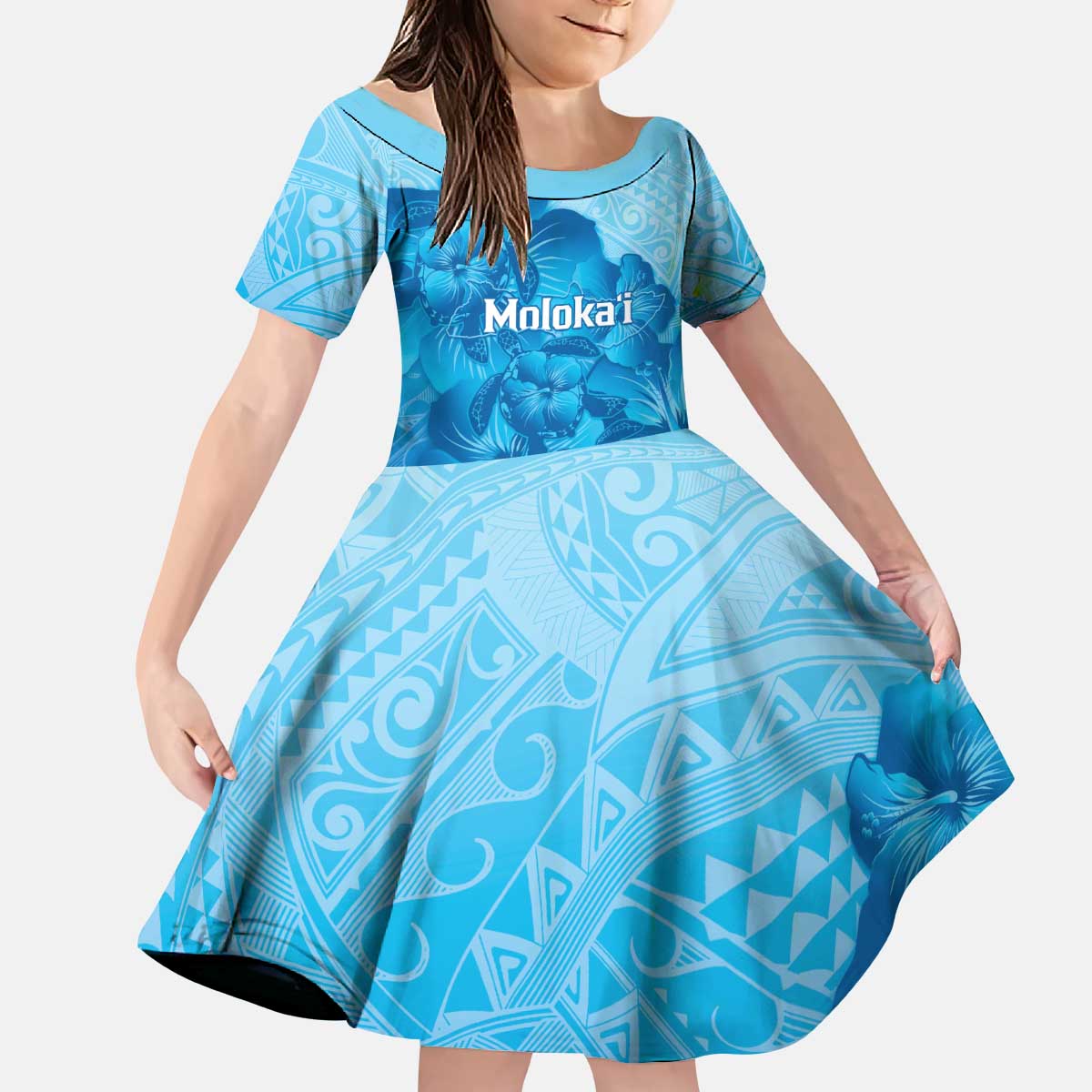 Aloha Hawaii Molokai Island Kid Short Sleeve Dress Hibiscus Tribal Honu Hawaiian Tattoo