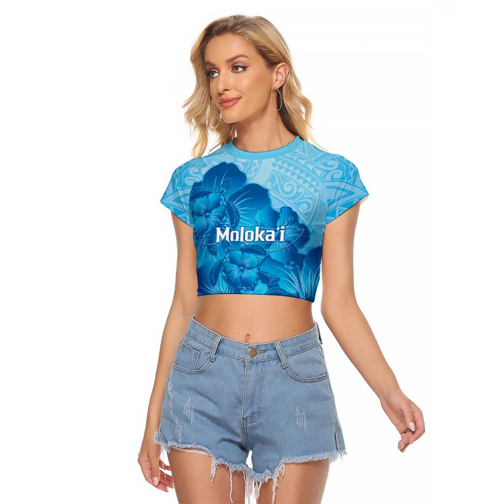 Aloha Hawaii Molokai Island Raglan Cropped T Shirt Hibiscus Tribal Honu Hawaiian Tattoo LT14 Female Blue - Polynesian Pride