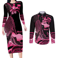 Aloha Hawaii Maui Couples Matching Long Sleeve Bodycon Dress and Long Sleeve Button Shirt Valley Isle Humpback Whale Black
