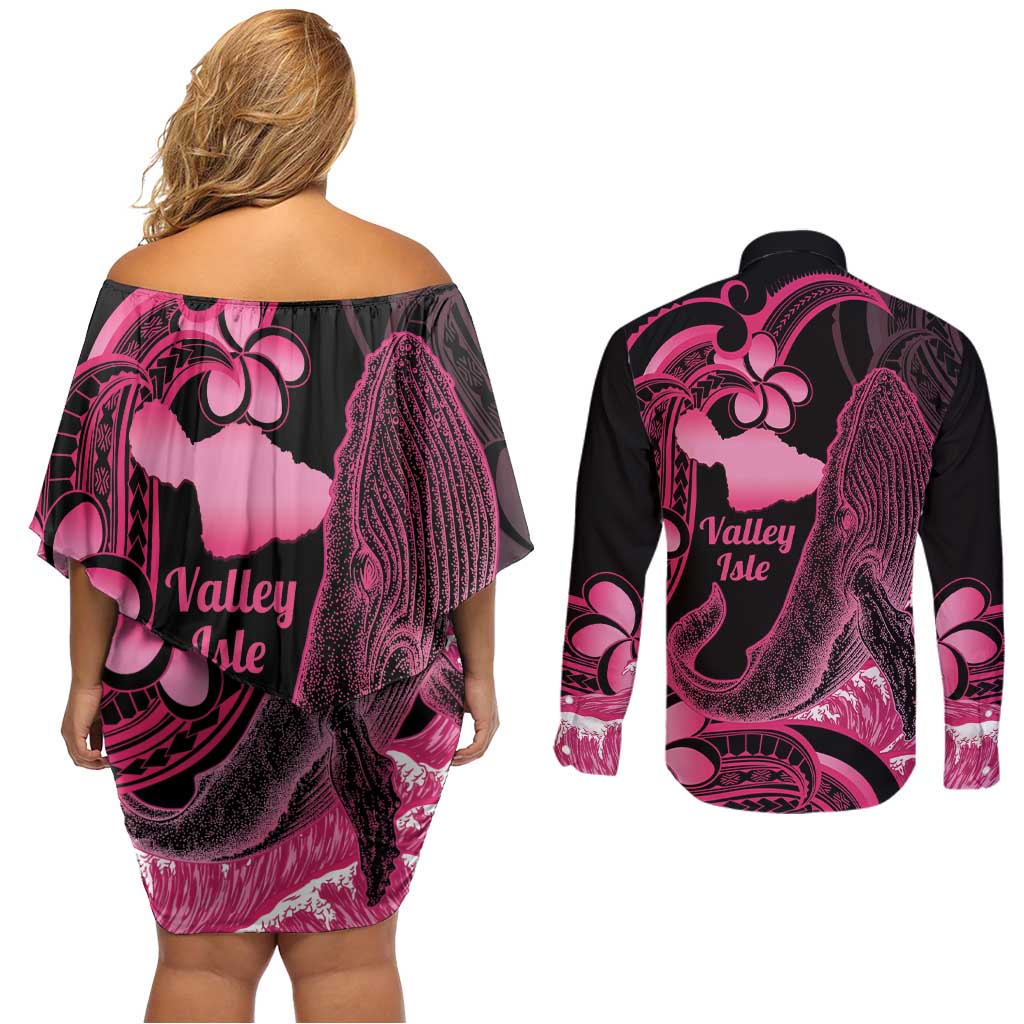 Aloha Hawaii Maui Couples Matching Off Shoulder Short Dress and Long Sleeve Button Shirt Valley Isle Humpback Whale Black