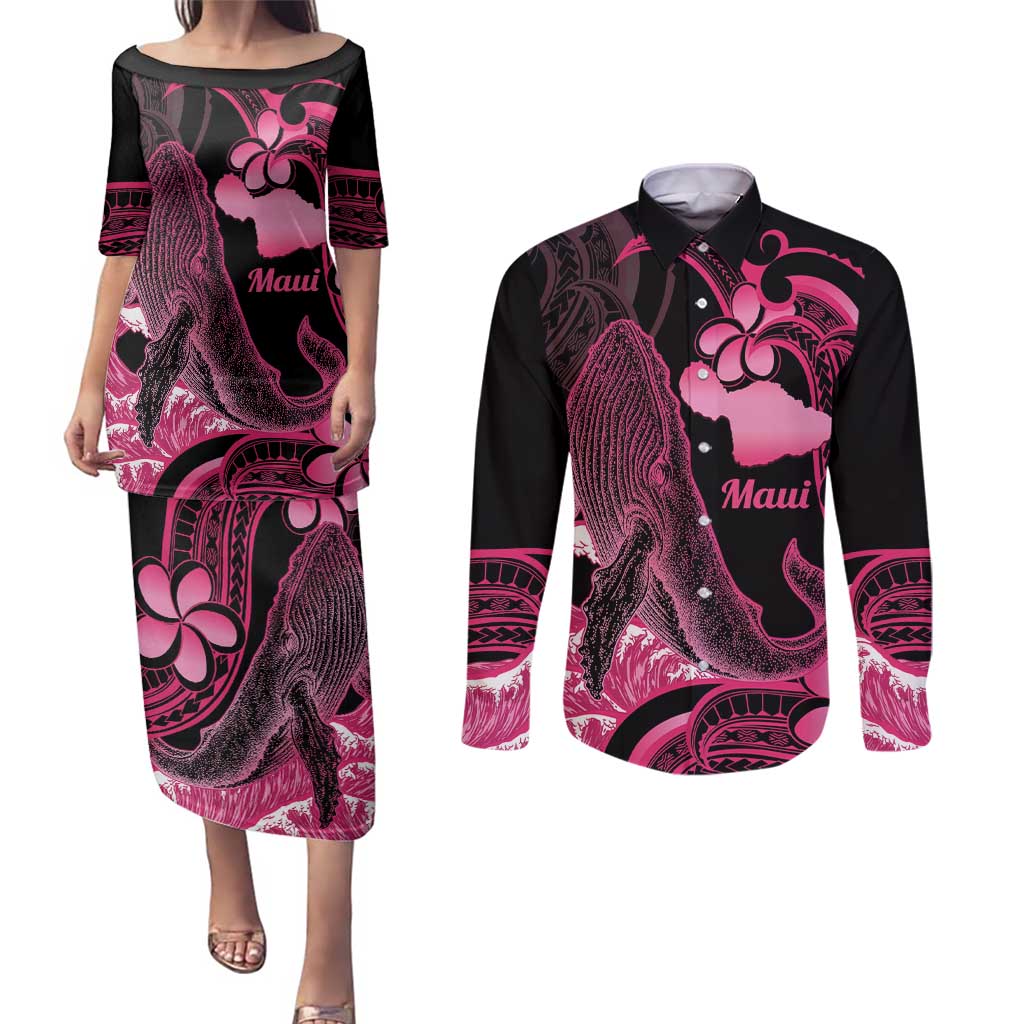 Aloha Hawaii Maui Couples Matching Puletasi and Long Sleeve Button Shirt Valley Isle Humpback Whale Black