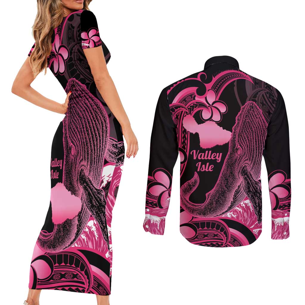 Aloha Hawaii Maui Couples Matching Short Sleeve Bodycon Dress and Long Sleeve Button Shirt Valley Isle Humpback Whale Black