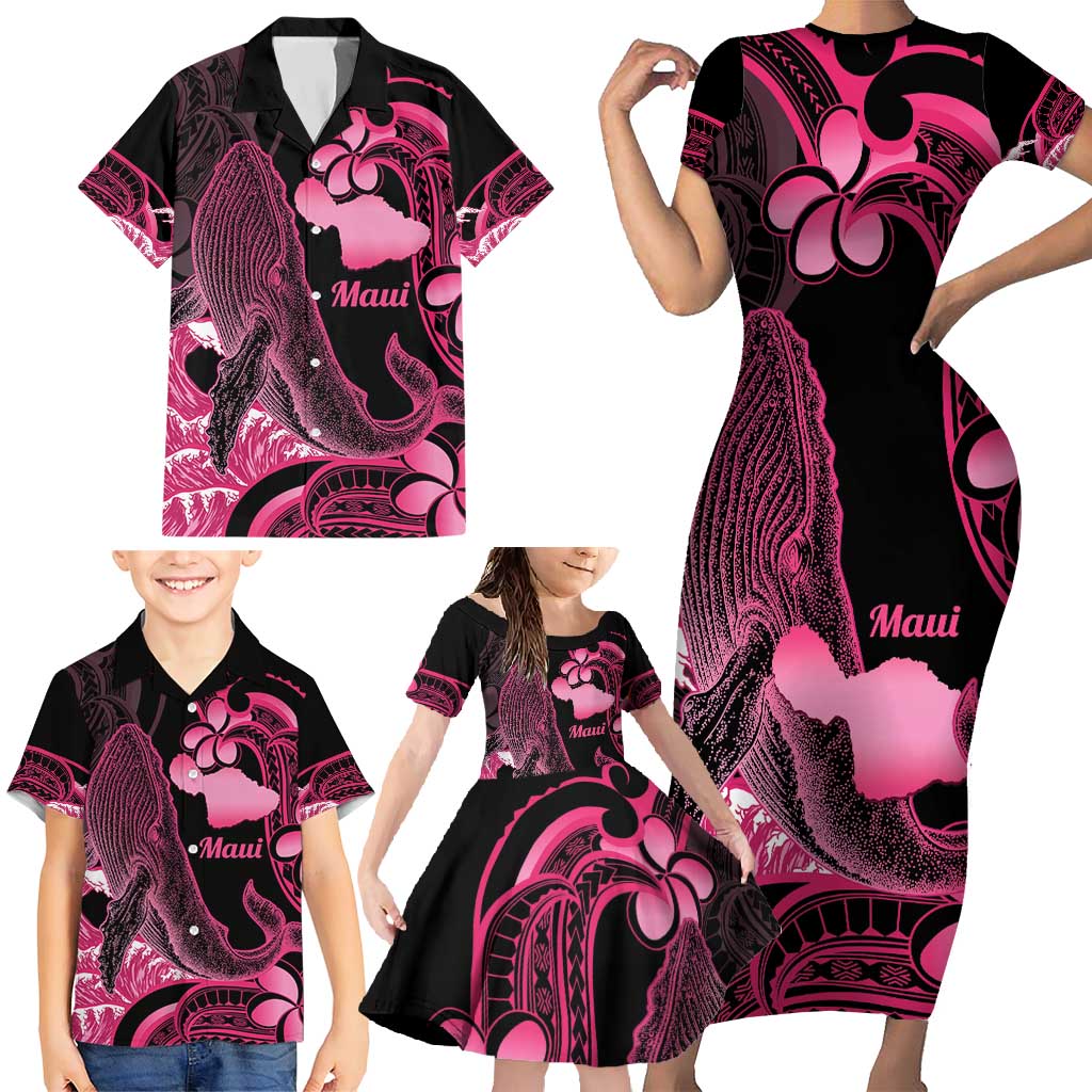 Aloha Hawaii Maui Family Matching Short Sleeve Bodycon Dress and Hawaiian Shirt Valley Isle Humpback Whale Black