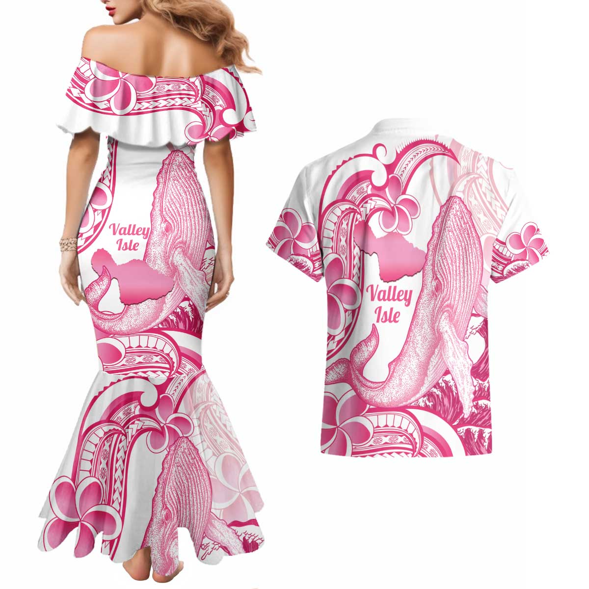 Aloha Hawaii Maui Couples Matching Mermaid Dress and Hawaiian Shirt Valley Isle Humpback Whale White
