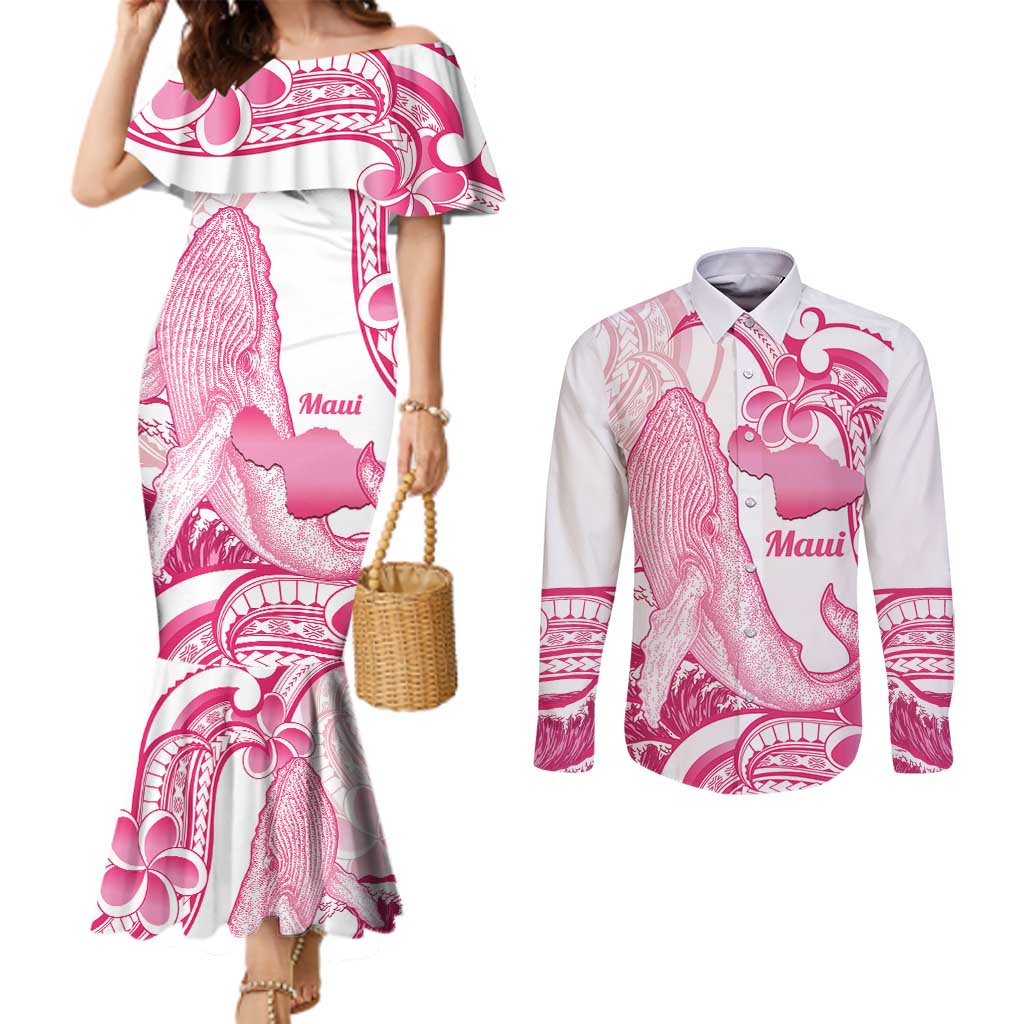 Aloha Hawaii Maui Couples Matching Mermaid Dress and Long Sleeve Button Shirt Valley Isle Humpback Whale White
