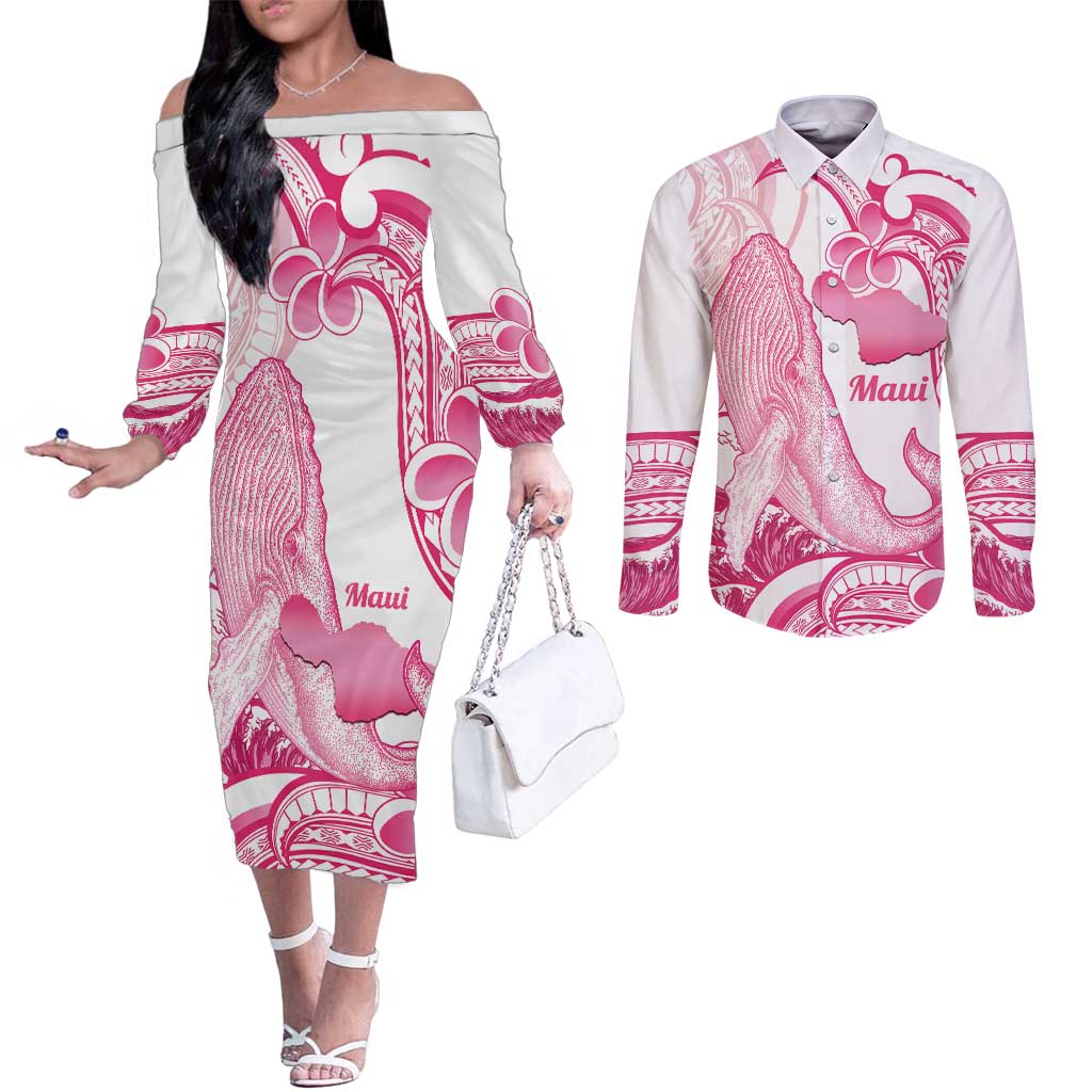 Aloha Hawaii Maui Couples Matching Off The Shoulder Long Sleeve Dress and Long Sleeve Button Shirt Valley Isle Humpback Whale White