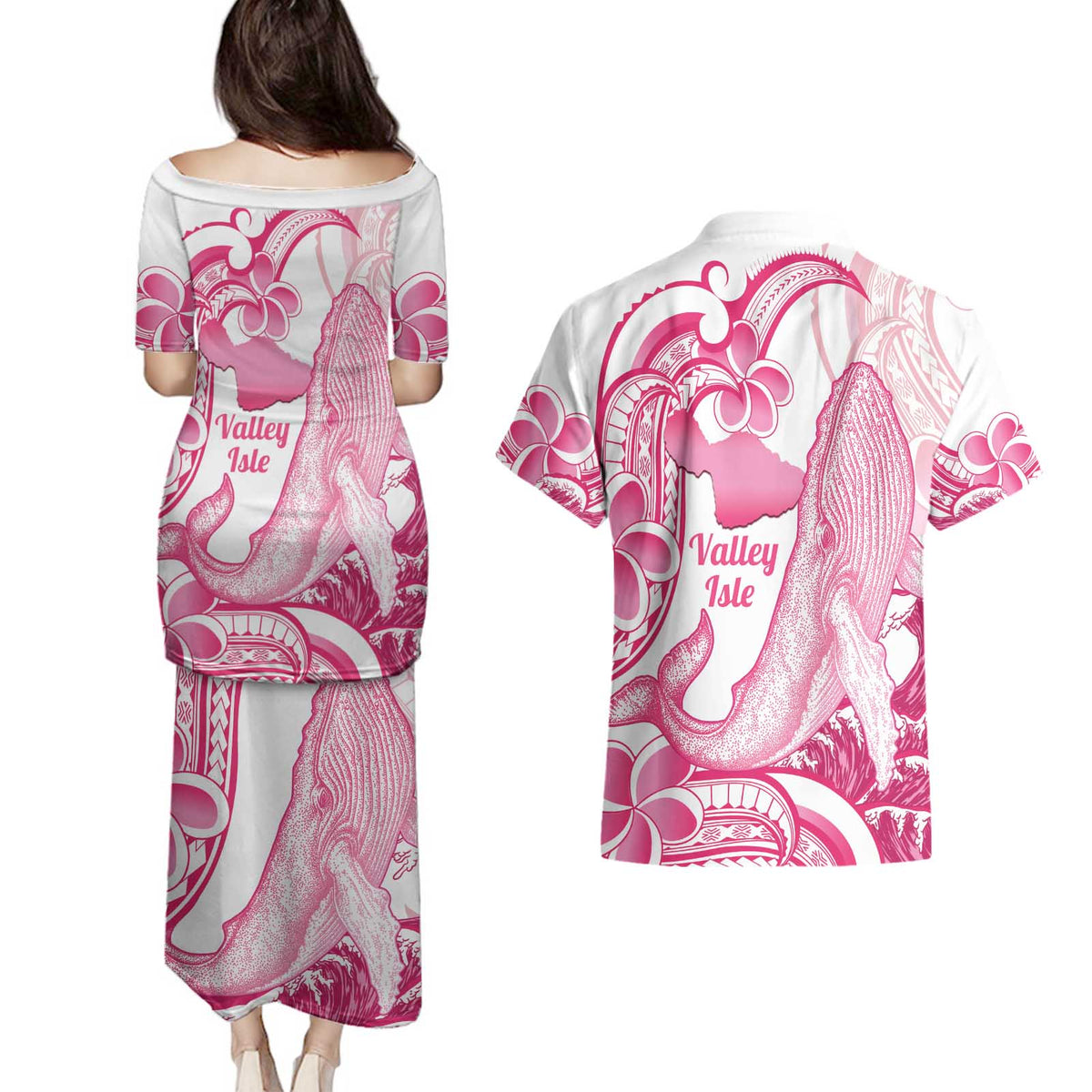 Aloha Hawaii Maui Couples Matching Puletasi and Hawaiian Shirt Valley Isle Humpback Whale White