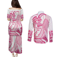 Aloha Hawaii Maui Couples Matching Puletasi and Long Sleeve Button Shirt Valley Isle Humpback Whale White